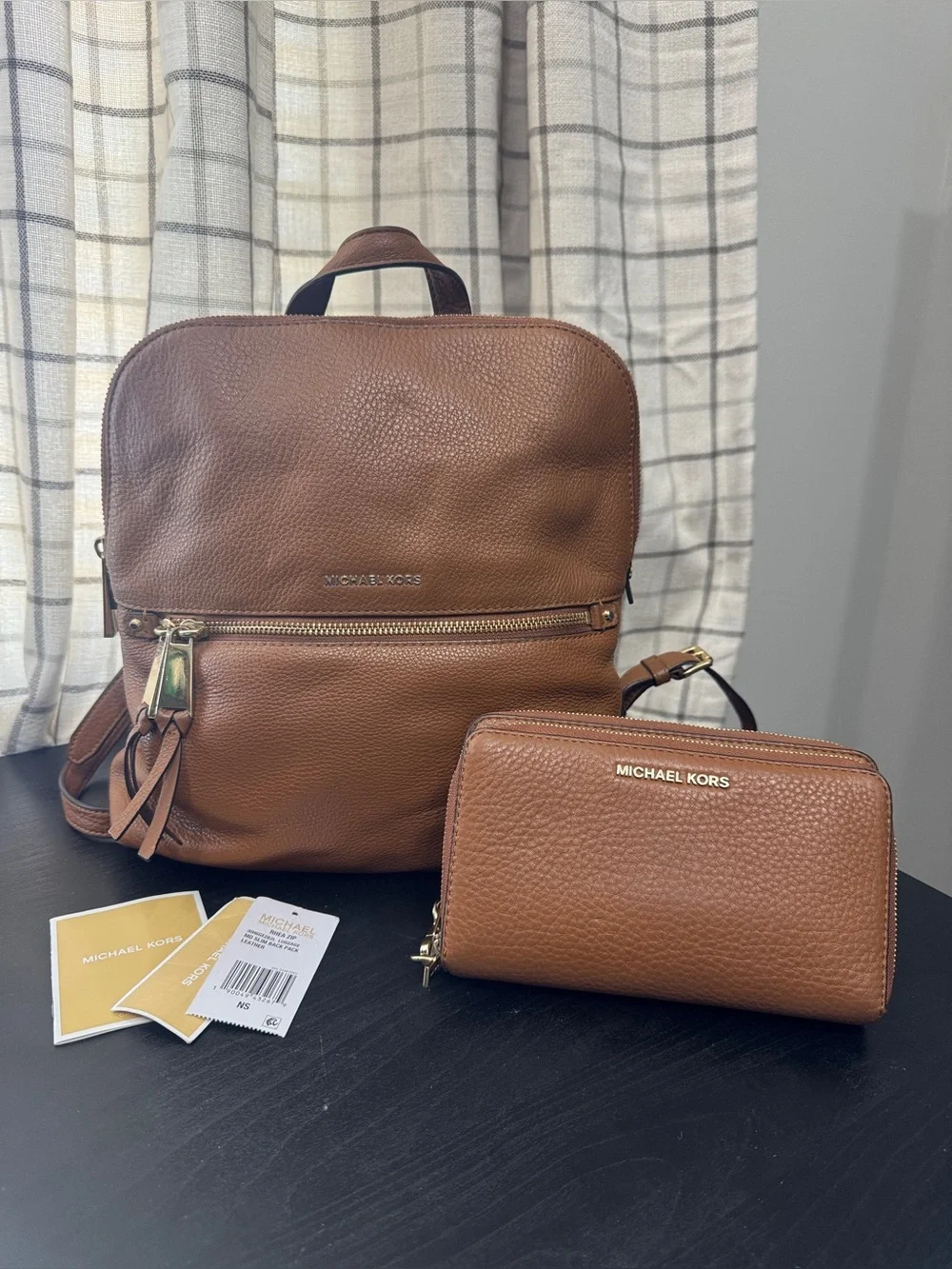 Michael Kors Rhea Pebbled Leather Slim Backpack And Wallet Luggage Tan